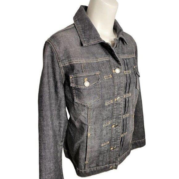 Chicos Platinum Dark Wash Denim‎ Jean Jacket Pleated Sz 2 Large 12 - Picture 2 of 8